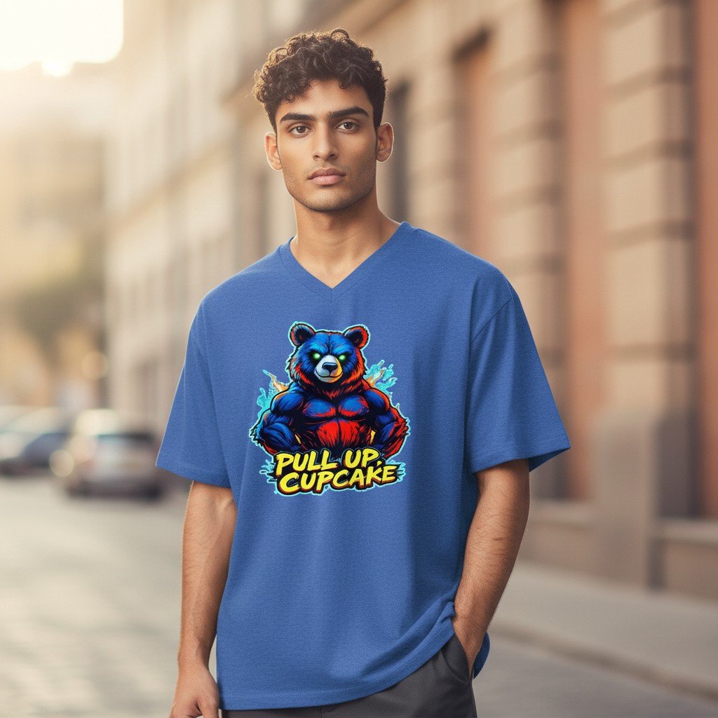 PullUpCupcake Bear graphic t-shirt with “Pull Up Cupcake” motivational gym text