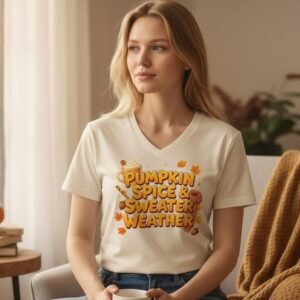 Seasonal graphic t-shirt featuring the phrase “Pumpkin Spice & Sweater Weather” with playful autumn-themed illustrations.