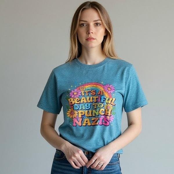 PunchNazi Graphic t-shirt worn by a model featuring retro-style artwork and a bold statement message across the chest.