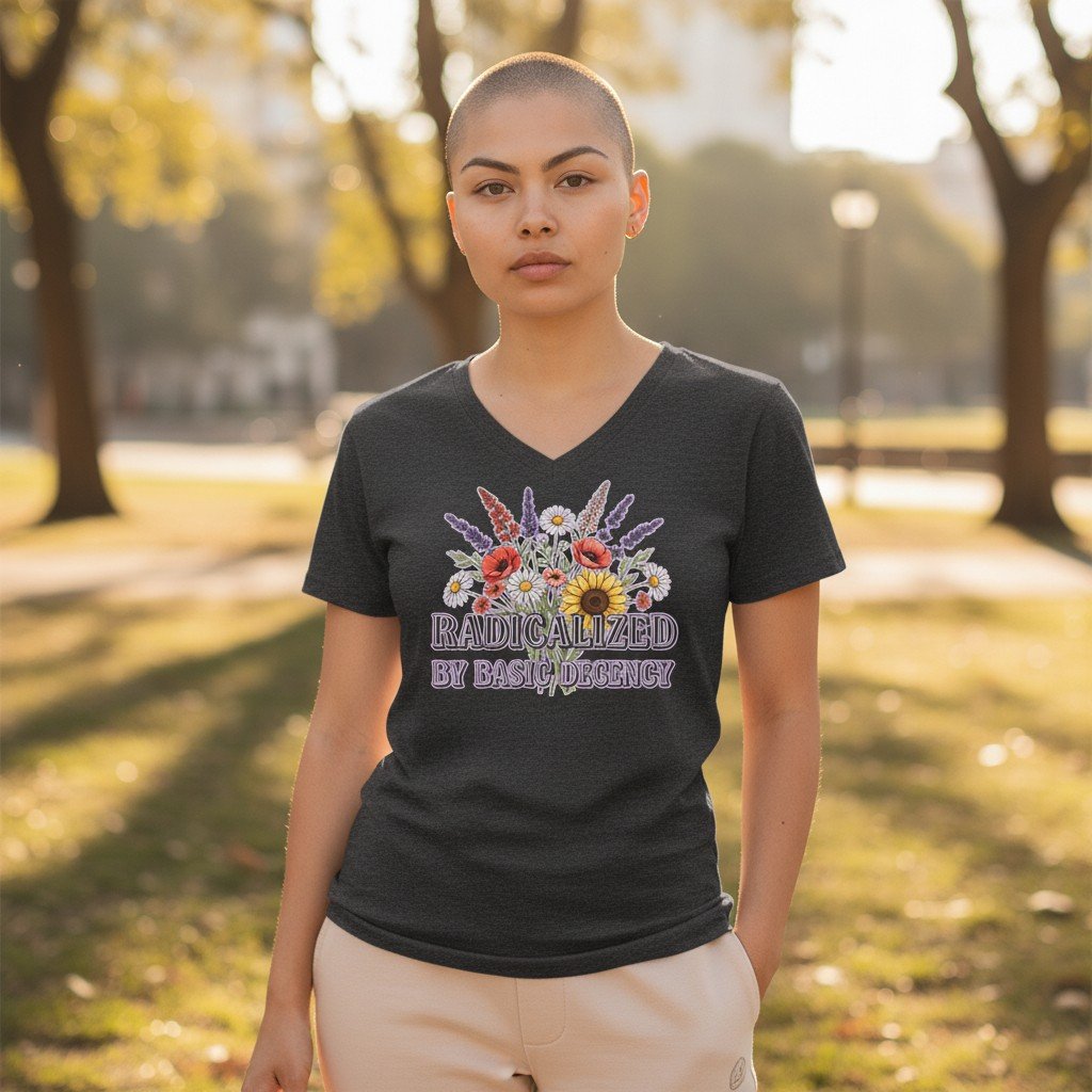 RadicalizedByHuman Floral graphic t-shirt with “Radicalized by Basic Decency” text design