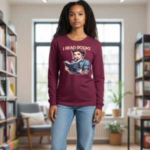 Long sleeve shirt with illustrated woman reading a book and the phrase “I Read Books.”