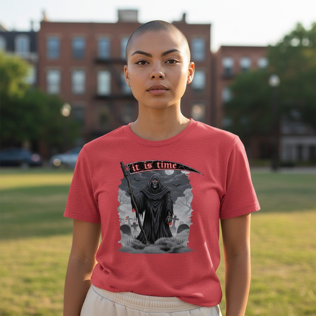 ReaperTime Grim Reaper graphic t-shirt with detailed dark artwork and “It Is Time” text