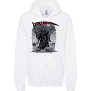Unisex pullover hoodie featuring a grim reaper illustration holding a scythe with the phrase “It Is Time.”