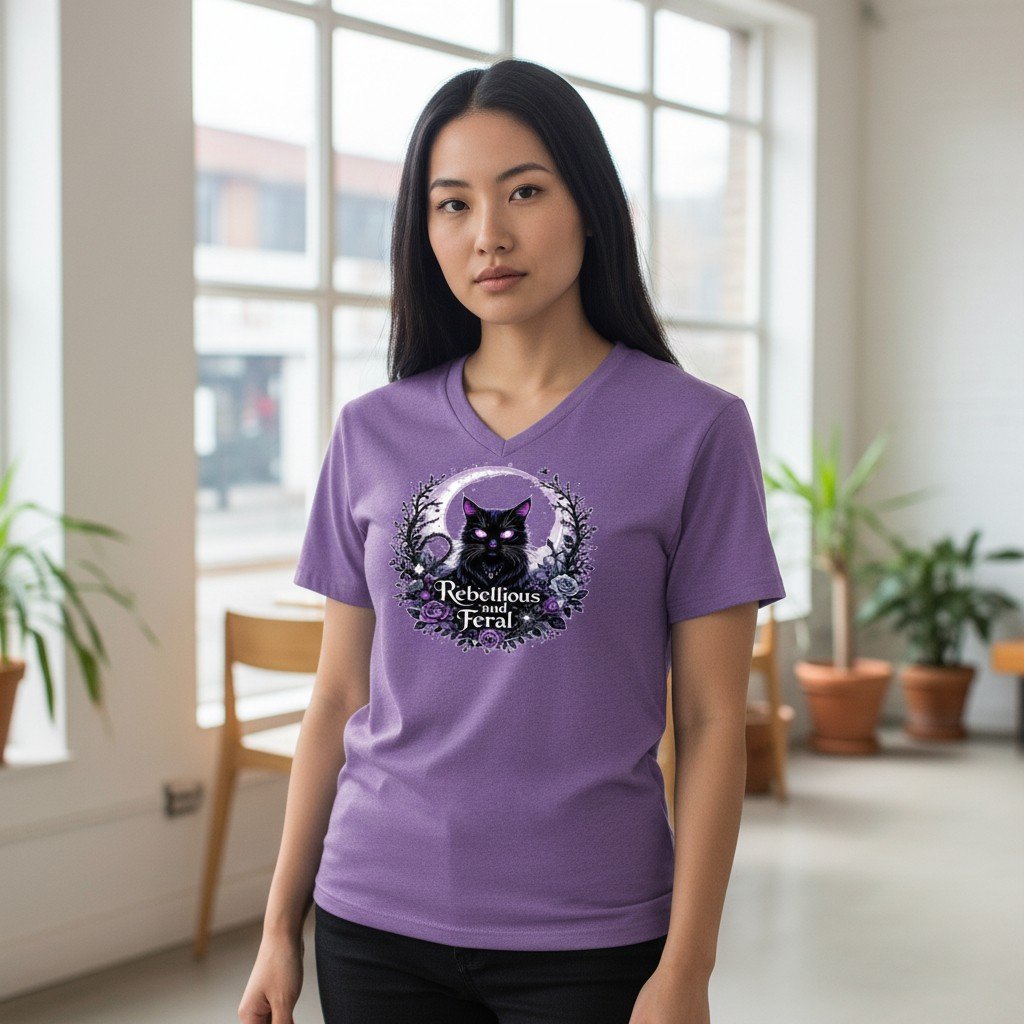 RebelliousAndFeral (1) Gothic cat graphic V-neck t-shirt with celestial and floral design
