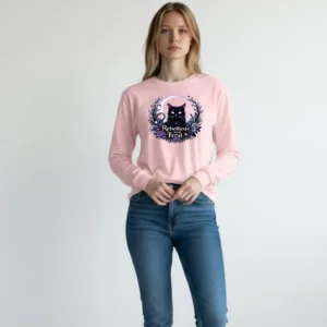 Long sleeve shirt featuring a cat illustration with lunar elements and the phrase “Rebellious and Feral”