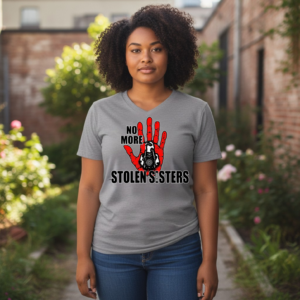 Red Hand - No More Stolen Sisters Awareness Graphic V-Neck T-Shirt