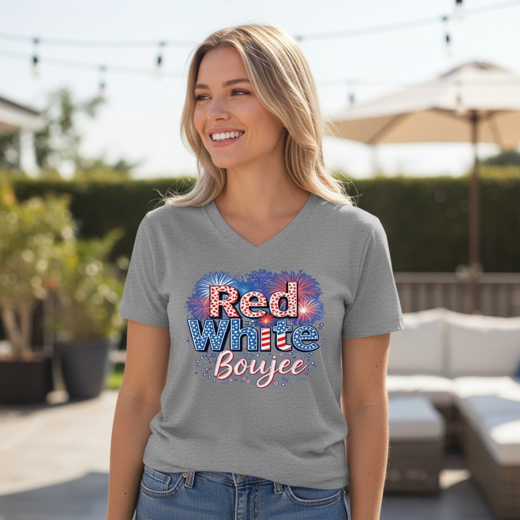 RedWhiteBoujee Patriotic graphic V-neck t-shirt with “Red White Boujee” text and fireworks design