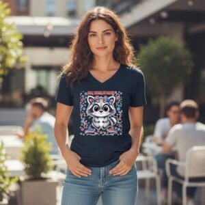 Raccoon graphic t-shirt with red white and feral text
