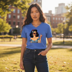 Political satire graphic t-shirt with retro illustrated woman and bold statement text