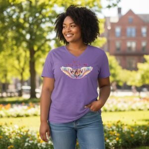 Inclusive graphic t-shirt with “You’re Safe With Me” message and angel wings illustration