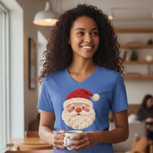 Christmas t-shirt featuring a knit-style Santa face graphic