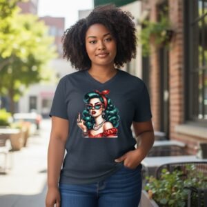 Retro pin-up style graphic t-shirt with bold illustrated design