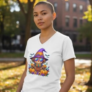 Scarecrow graphic t-shirt with whimsical fall-themed illustration
