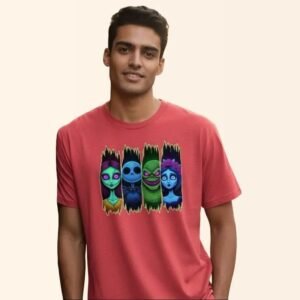 Spooky gothic character graphic t-shirt with four colorful horror figures