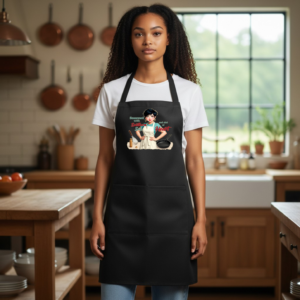 Adjustable apron with illustrated cooking-themed graphic, shown worn and styled in a kitchen setting.