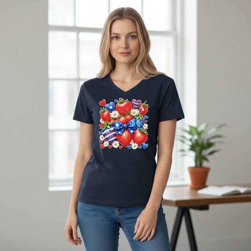 StrawberryPatriotic Patriotic strawberry and heart graphic t-shirt with floral illustration