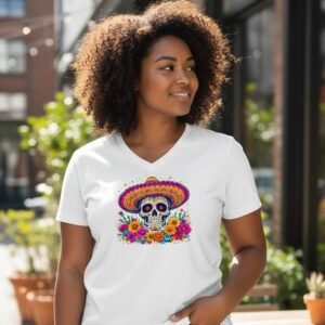 Sugar skull wearing a sombrero with floral graphic t-shirt