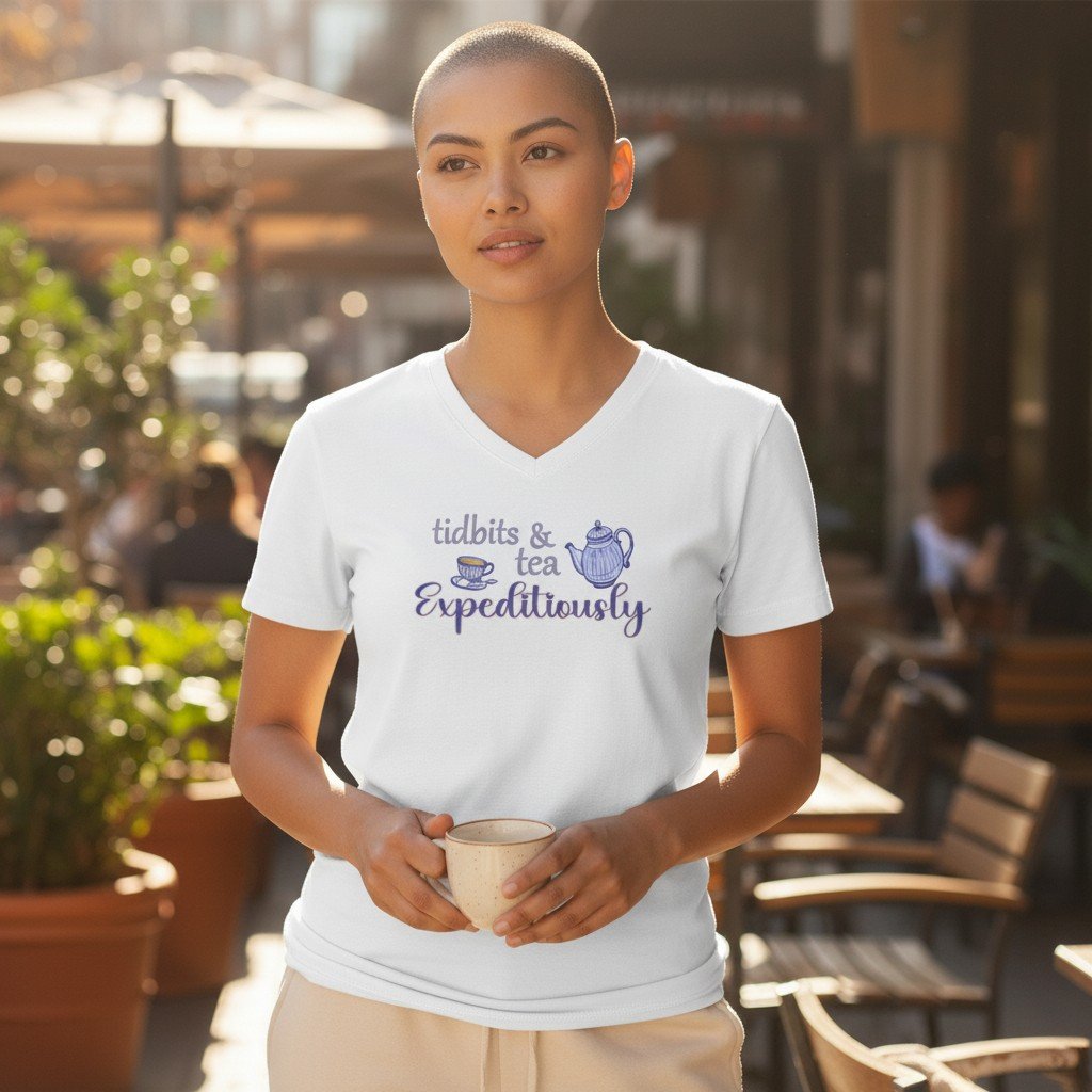 Tidbits Graphic t-shirt featuring the phrase Tidbits & Tea Expeditiously with tea-themed illustrations