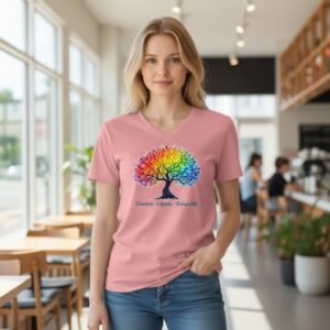 V-neck t-shirt featuring an artistic tree illustration with flowing branches and the words Freedom, Dignity, Tranquility.