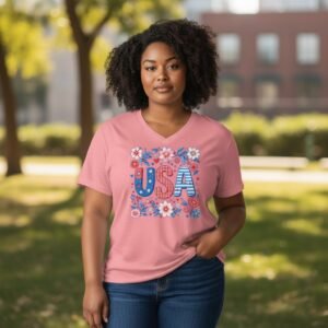 Floral USA patriotic graphic t-shirt in red white and blue