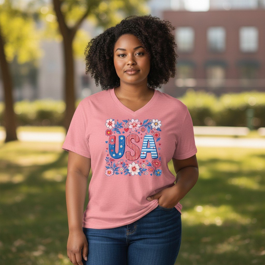 USAFlowers Floral USA patriotic graphic t-shirt in red white and blue