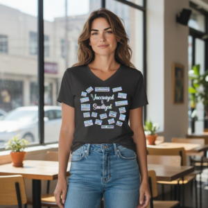 Vaccinated and sanitized statement graphic t-shirt with sticker-style text