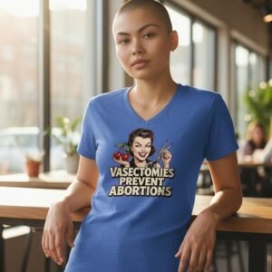 Vasectomies prevent abortions graphic t-shirt with retro pin-up illustration