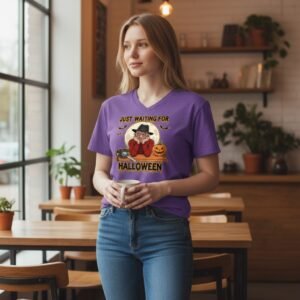 V-neck t-shirt featuring a retro spooky character and the text “Just Waiting for Halloween.”