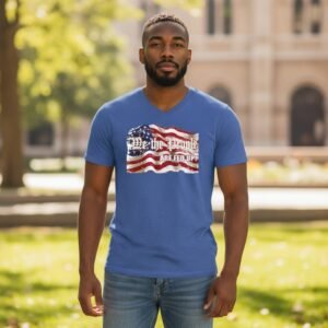 Unisex V-neck graphic T-shirt featuring a distressed flag design with the text “We The People Are Fed Up!”
