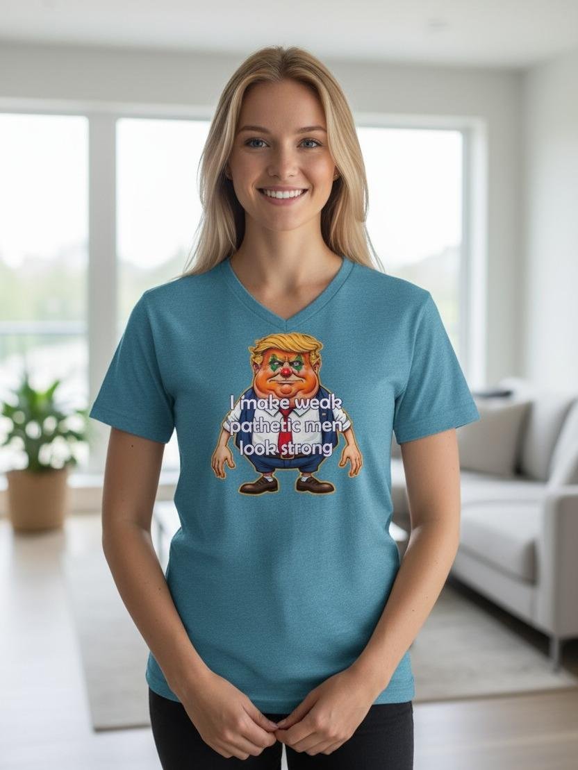 WeakMen Graphic t-shirt featuring a caricature illustration with the text “I make weak pathetic men look strong.”