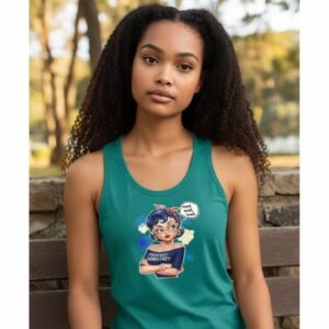 Relaxed racerback tank top worn by a model featuring an illustrated Protect Democracy graphic.