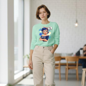 Long sleeve shirt featuring a vintage-style illustrated woman with a protect democracy message and speech bubble graphic.
