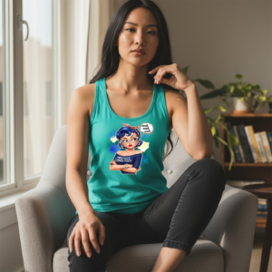 Fitted racerback tank top featuring an illustrated Protect Democracy graphic on the front.