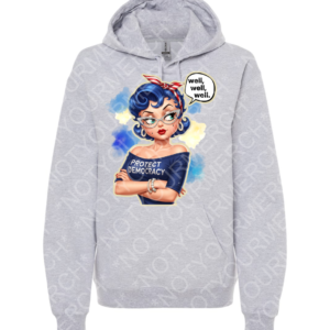 Unisex pullover hoodie featuring retro-style illustration with the phrase Protect Democracy and a speech bubble graphic.