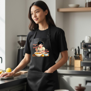 Adjustable apron with illustrated cooking-themed graphic, shown worn in a kitchen setting.