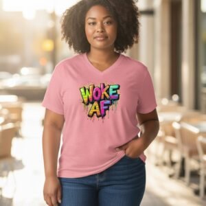 Unisex V-neck graphic T-shirt featuring graffiti-style lettering that reads “Woke AF.”