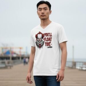 Unisex V-neck graphic T-shirt featuring a creepy clown illustration with the phrase “You’ll Float Too.”