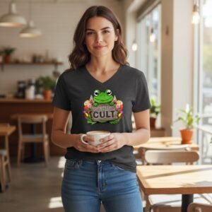 Unisex graphic T-shirt featuring a cartoon frog holding a sign that reads “You’re in a Cult,” surrounded by floral elements.