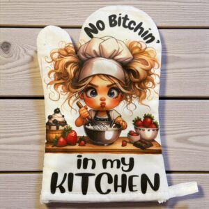 Funny kitchen design with an illustrated baker and the phrase No Bitchin’ in My Kitchen
