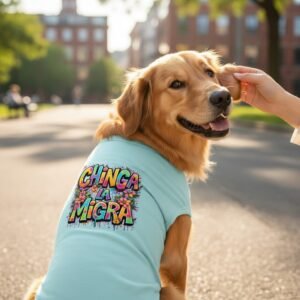 Dog t-shirt featuring bold Chinga La Migra lettering with decorative floral artwork