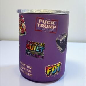 Camper mug featuring bold political and pop-culture statement designs arranged in a collage style