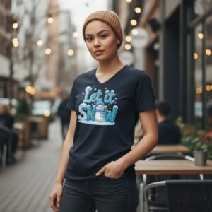 V-neck graphic t-shirt featuring a playful snowman and “Let It Snow” seasonal lettering