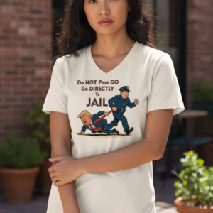 T-shirt featuring a political satire cartoon graphic with a parody-style message on the front