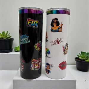 20oz tumbler decorated with multiple mini UV DTF mystery designs displayed on a stand.