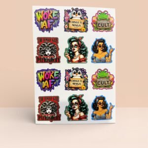 Sheet of bold feminist and political vinyl stickers featuring statement text and illustrated characters.