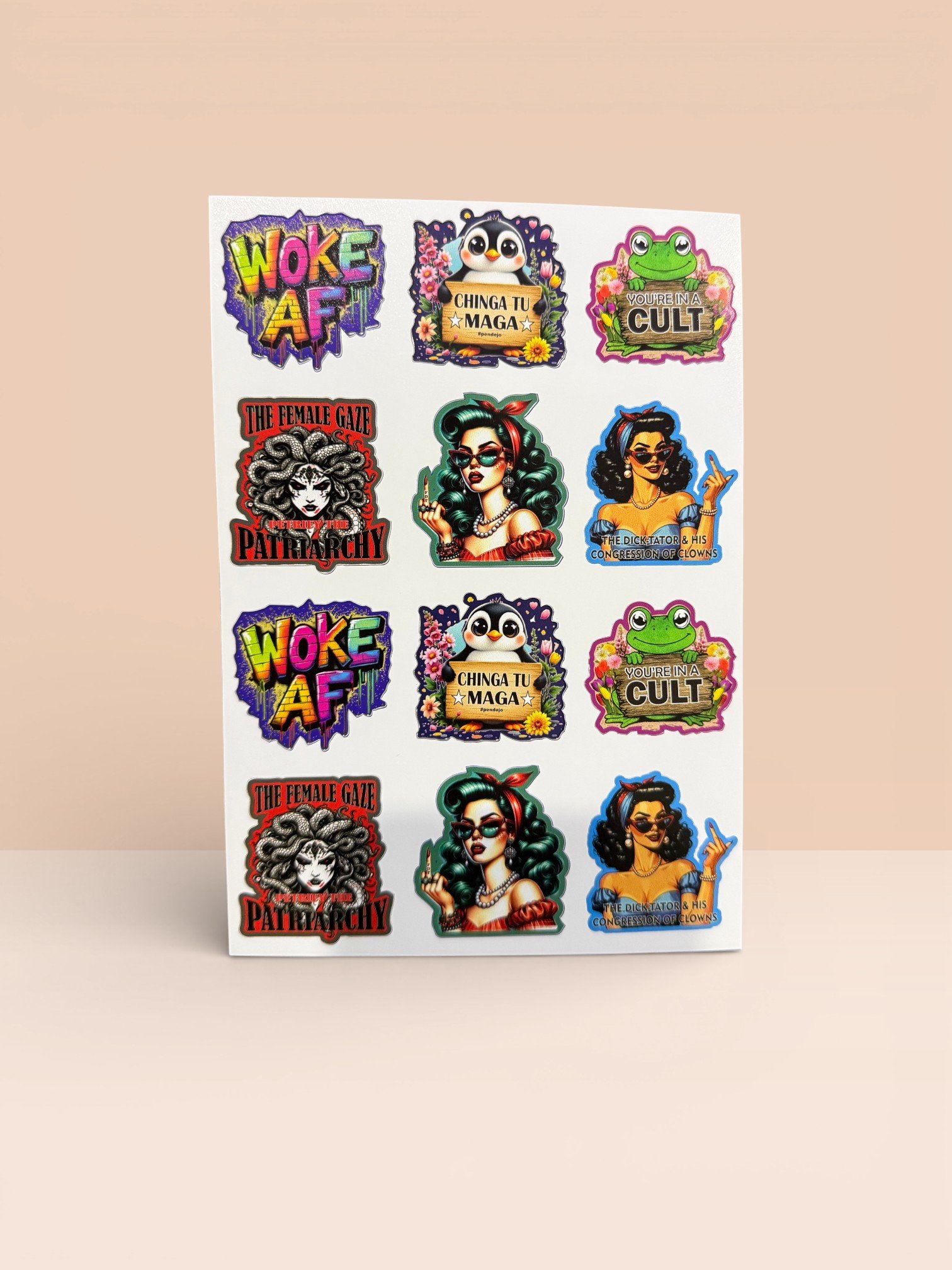 Assorted1 Sheet of bold feminist and political vinyl stickers featuring statement text and illustrated characters.