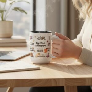 15oz ceramic mug with Bad Bitch Affirmations design and customizable name