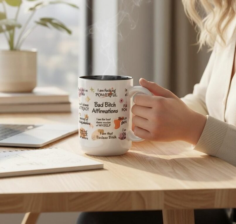 BadBAffirmationsCUSTOMMug 15oz ceramic mug with Bad Bitch Affirmations design and customizable name