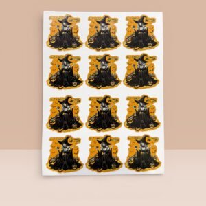 Sheet of “Not A Basic Witch” Halloween vinyl stickers featuring a gothic witch with pumpkins, bats, and a black cat.