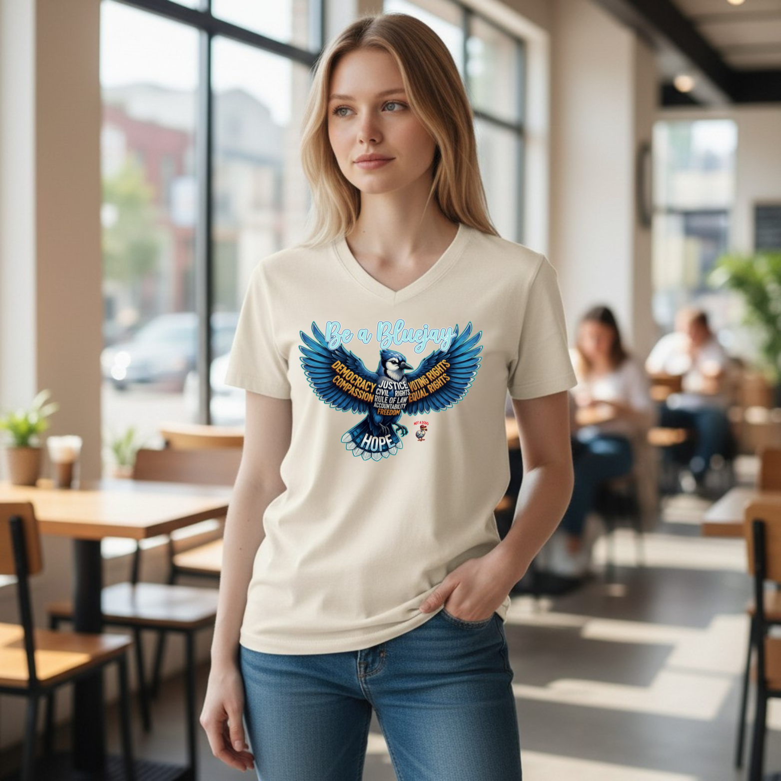 BeABlueJay V-neck t-shirt featuring a blue jay with outstretched wings containing words like democracy, justice, voting rights, and hope.